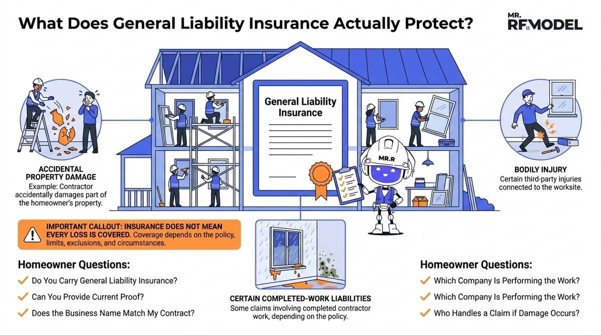 Editorial window installation insurance infographic showing how general liability insurance may relate to accidental property damage, bodily injury, and certain completed-work liability claims during a residential window project.